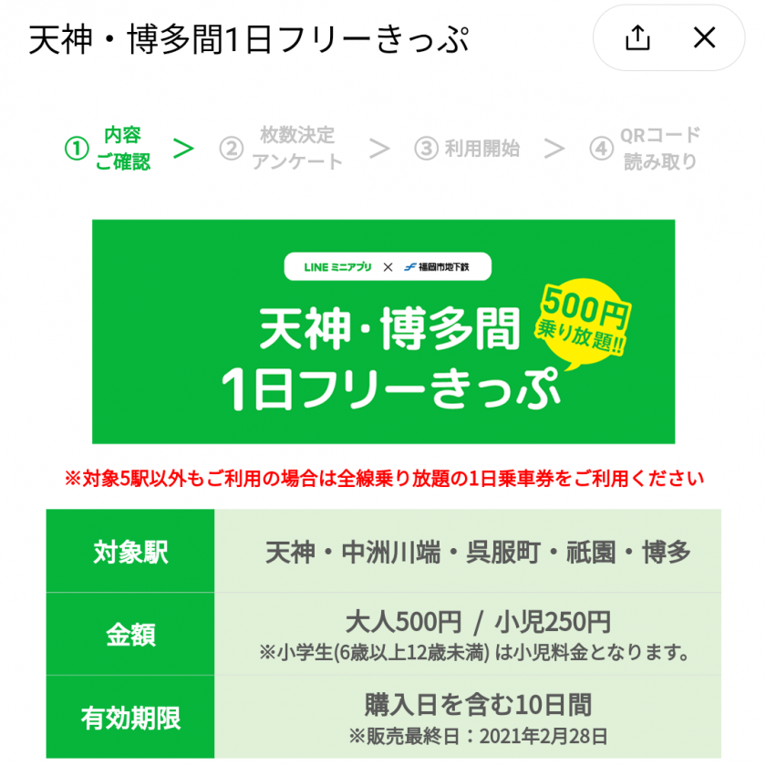 LINEミニアプリ「天神・博多間1日フリーきっぷ」購入画面