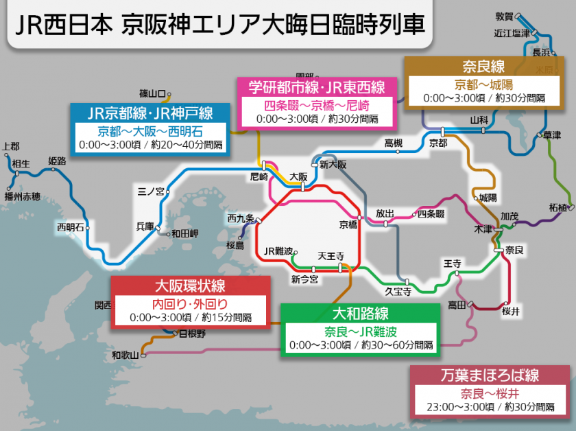 JR西日本 京阪神エリアの大晦日〜元日臨時列車は午前3時まで 終夜運転なし