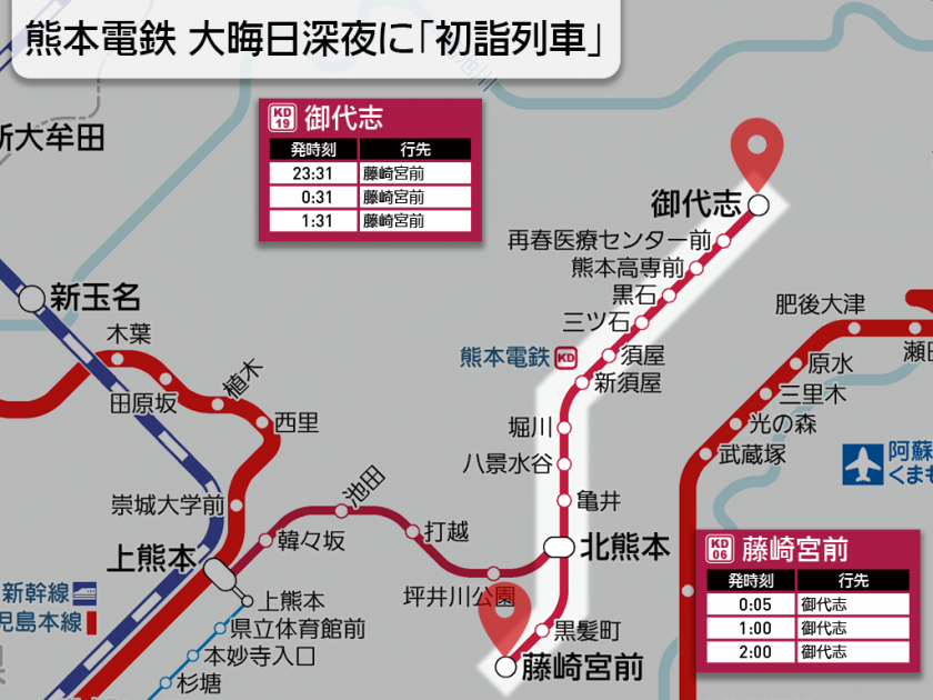 【路線図で解説】熊本電鉄 大晦日深夜に「初詣列車」