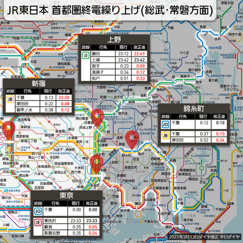 【路線図で解説】JR東日本 首都圏終電繰り上げ(総武・常磐方面)