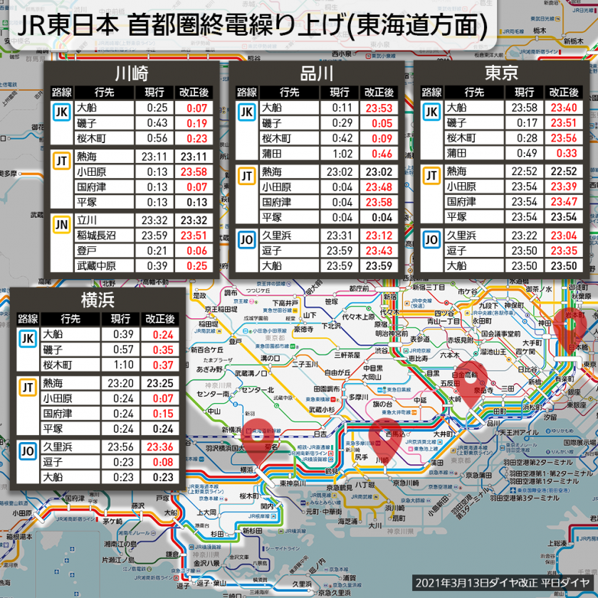 【路線図で解説】JR東日本 首都圏終電繰り上げ(東海道方面)