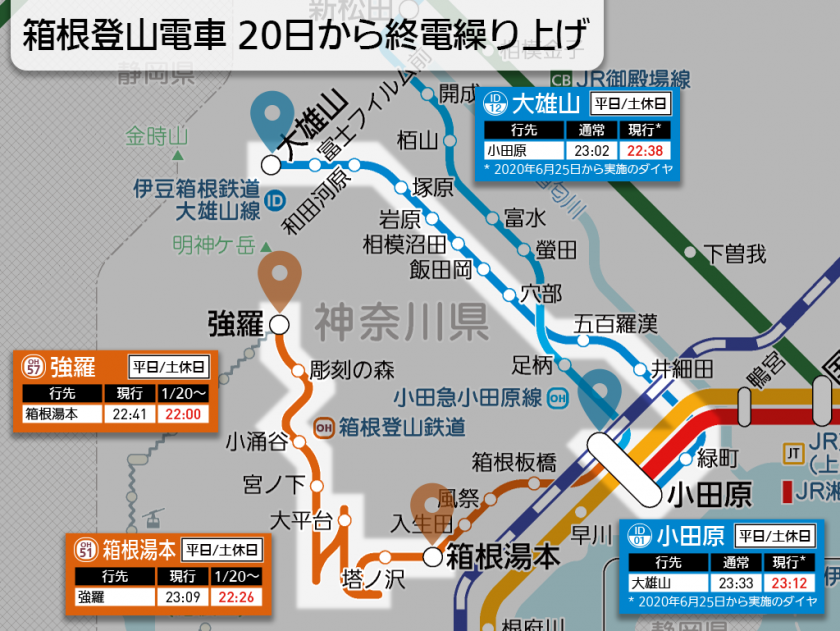 【路線図で解説】箱根登山電車 20日から終電繰り上げ