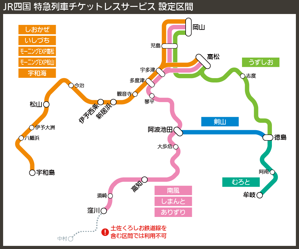 【路線図で解説】JR四国 特急列車チケットレスサービス 設定区間