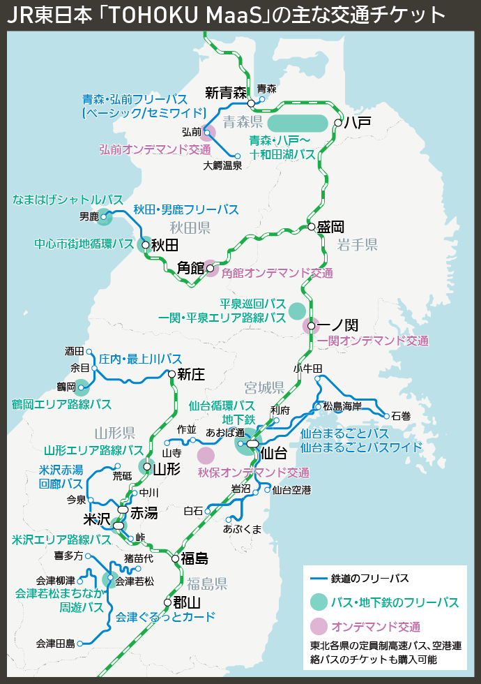 【路線図で解説】JR東日本 「TOHOKU MaaS」の主な交通チケット
