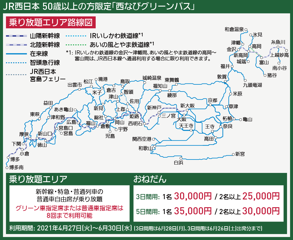 【路線図で解説】JR西日本 50歳以上の方限定「西なびグリーンパス」