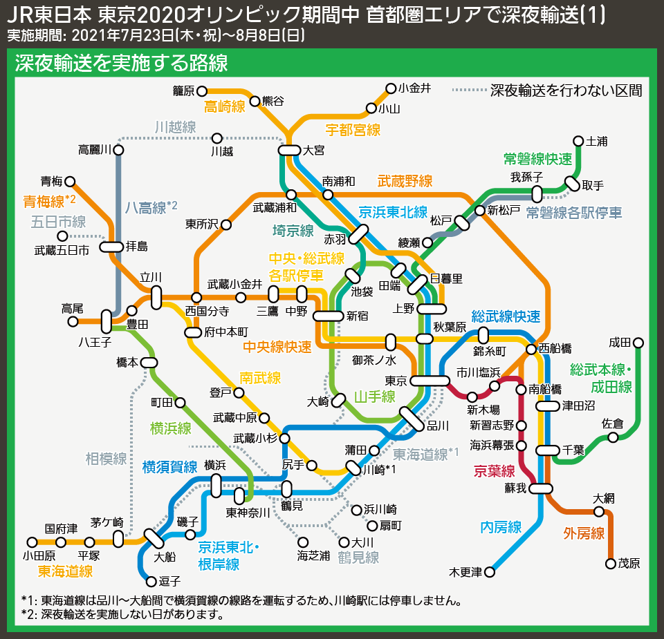 【路線図で解説】JR東日本 東京2020オリンピック期間中 首都圏エリアで深夜輸送(1)