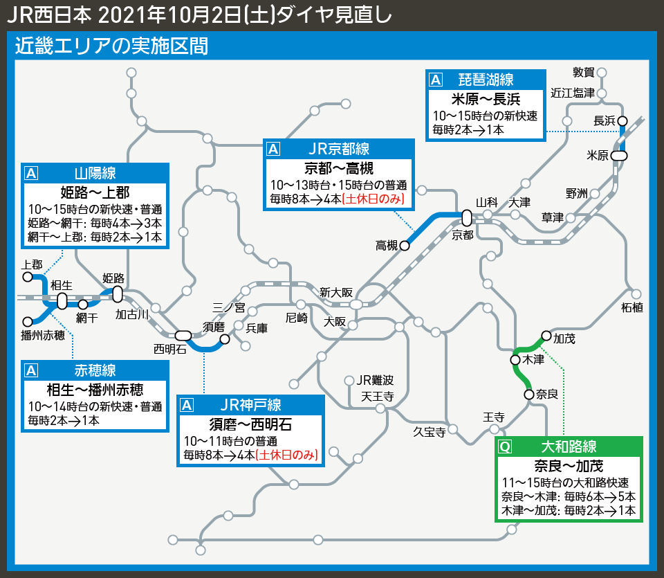 【路線図で解説】JR西日本 2021年10月2日(土)ダイヤ見直し