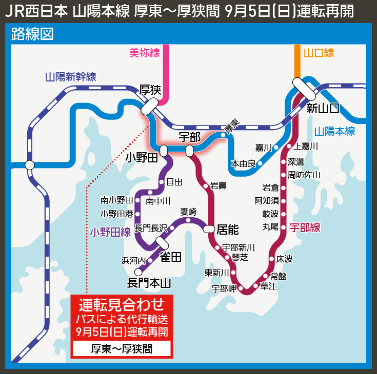 【路線図で解説】JR西日本 山陽本線 厚東〜厚狭間 9月5日(日)運転再開