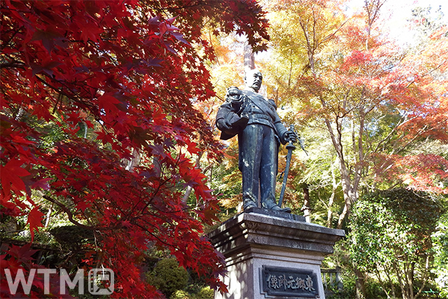 紅葉に囲まれた東郷公園の東郷平八郎銅像(fuku41/写真AC)