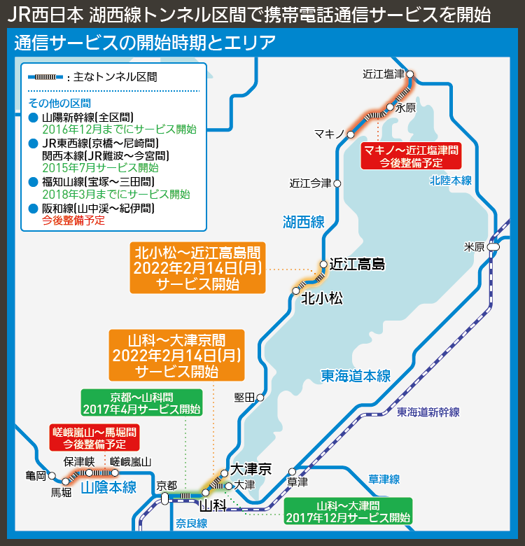 【路線図で解説】JR西日本 湖西線トンネル区間で携帯電話通信サービスを開始