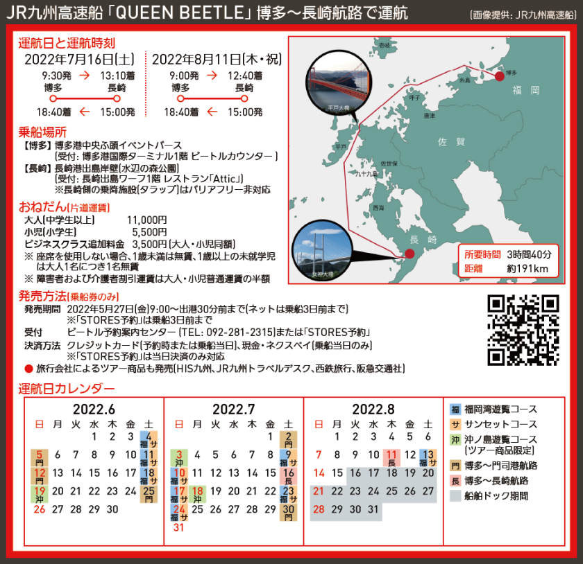 【路線図で解説】JR九州高速船 「QUEEN BEETLE」 博多〜長崎航路で運航