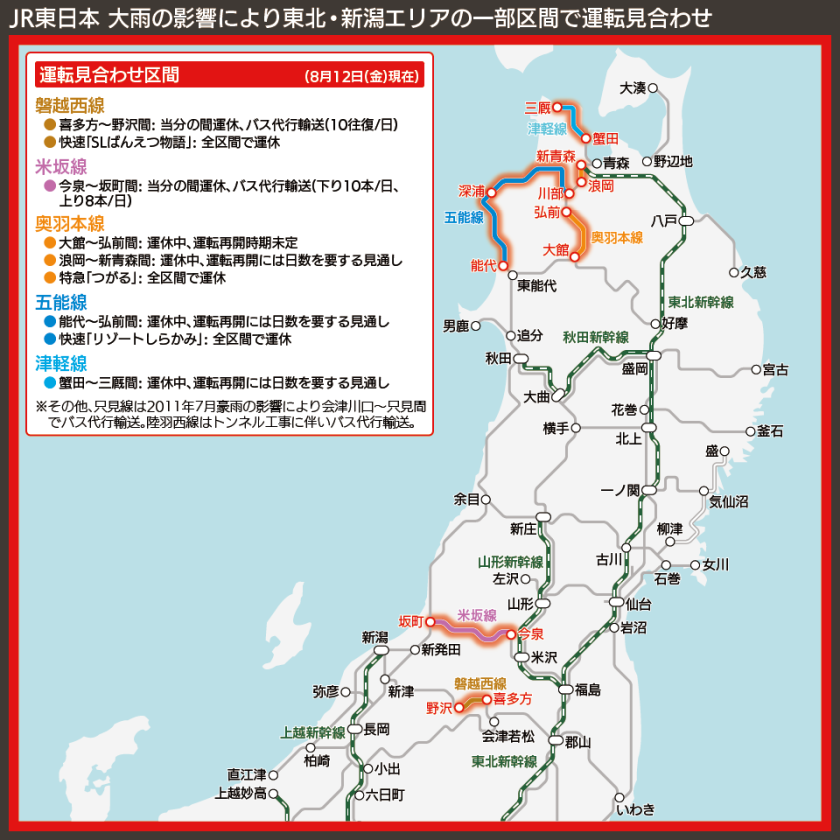 【路線図で解説】JR東日本 大雨の影響により東北・新潟エリアの一部区間で運転見合わせ