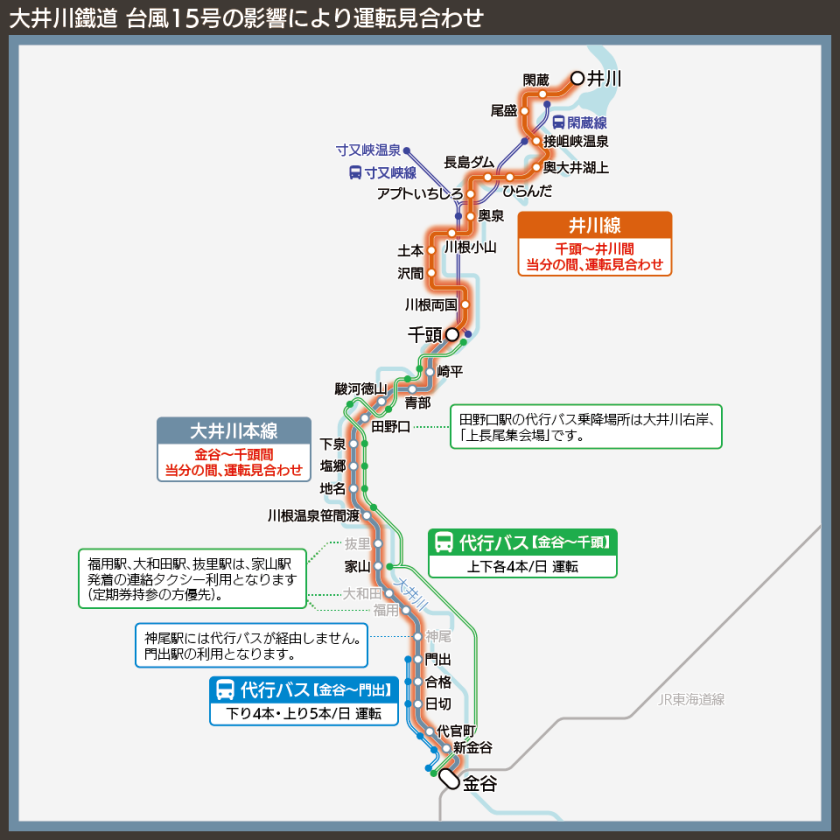 【路線図で解説】大井川鐵道 台風15号の影響により運転見合わせ