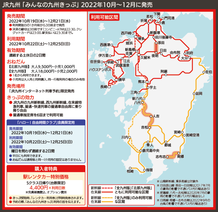 【路線図で解説】JR九州 「みんなの九州きっぷ」 2022年10月〜12月に発売