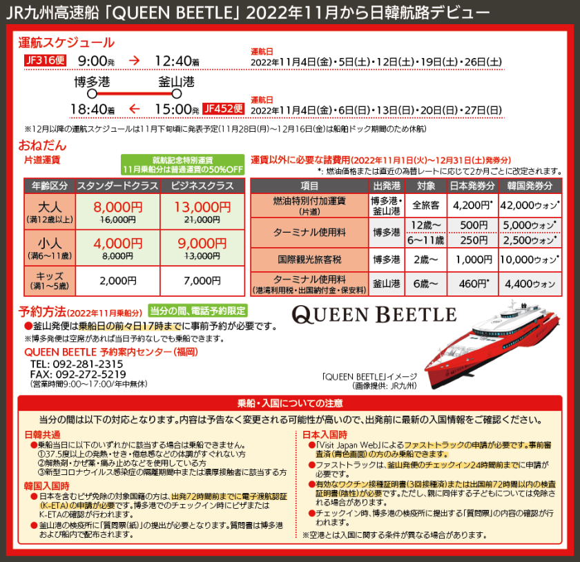 【時刻表で解説】JR九州高速船 「QUEEN BEETLE」 2022年11月から日韓航路デビュー