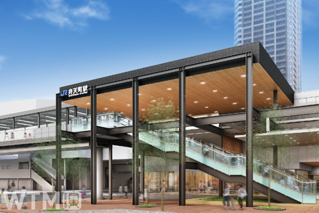 JR弁天町駅の新駅舎と、Osaka Metro弁天町駅東口につながる連絡通路(左)の完成イメージ(画像提供:JR西日本)