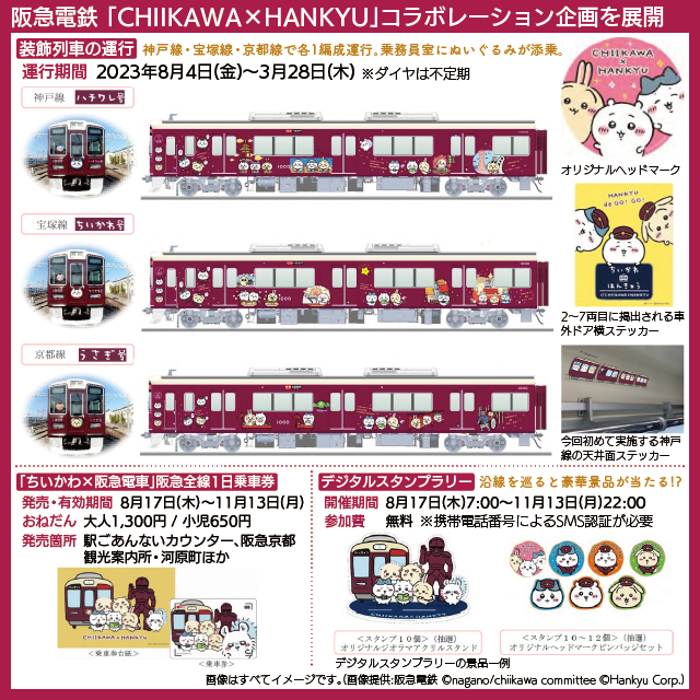 【図表で解説】阪急3線「ちいかわ」装飾列車のデザイン、全線1日乗車券とデジタルスタンプラリー