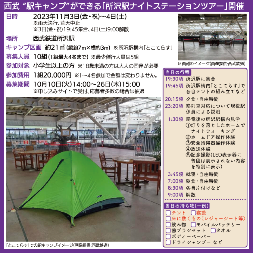 【図表で解説】「所沢駅ナイトステーションツアー」当日の行程や持ち物、「とこてらす」キャンプ区画