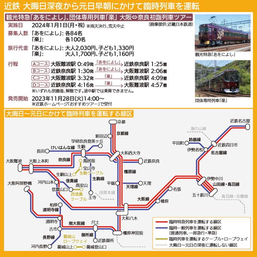 【路線図で解説】近鉄が大晦日から元日にかけて実施する初詣列車ツアー、終夜運転の実施線区