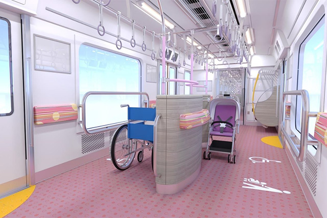 2026年初めに営業運転を開始する京王2000系電車に設置される「大型フリースペース」の内装イメージ(京王電鉄提供)