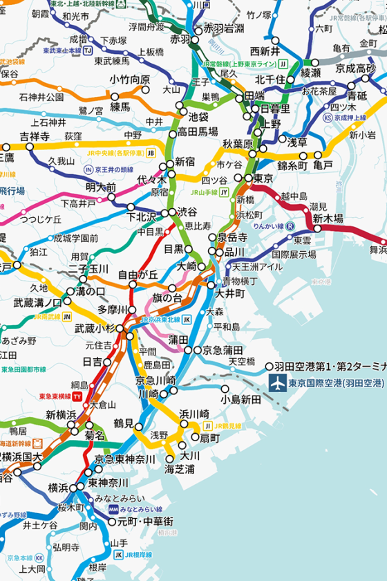 【改善前】地図を縮小すると並走路線や地下鉄の線路、多くの駅名が消失