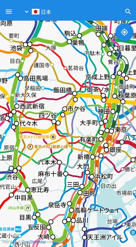 (改善前)従来の最小倍率にズームアウトしたときの路線図表示例