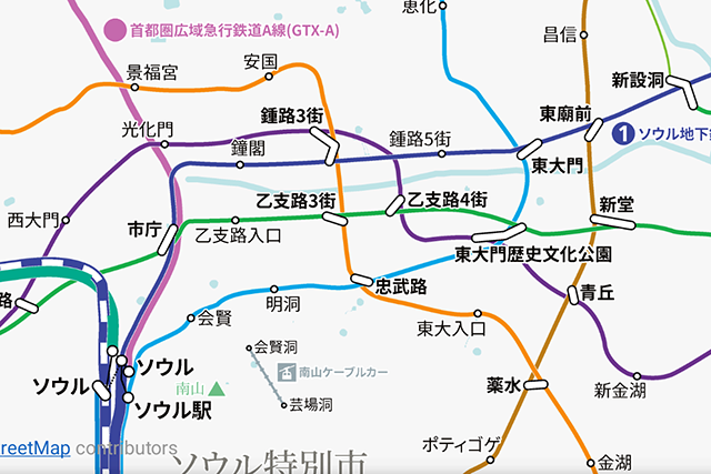 アプリ「乗換路線図」で利用可能になったタイル方式の韓国鉄道路線図(イメージ)